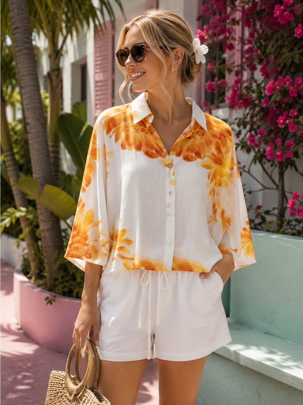 UNIQUE SPECTRUM BY MLLE GABRIELLE Resortwear Relaxed Fit Coastal Blouse, L